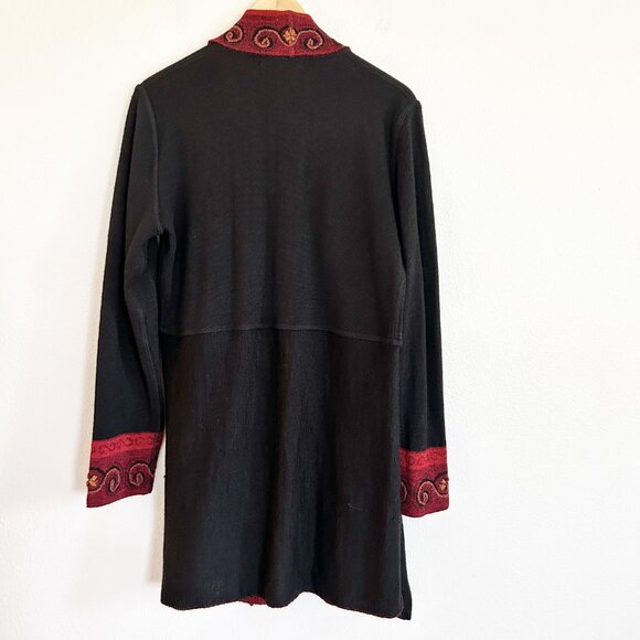 Peruvian Link Sweater M Black Red Alpaca Embroidered Open Cardigan Duster - Picture 8 of 12